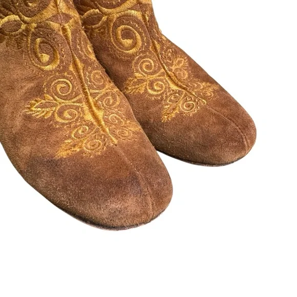 FREE PEOPLE rare Chelsea 38 US 7.5 Suede Chestnut Embroidered Ankle Zip Boots S5 - Picture 7 of 12